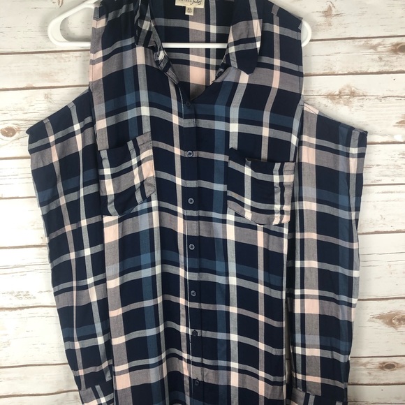 Maison Jules XL Navy Plaid Cuffed Collared Dress - Picture 6 of 13